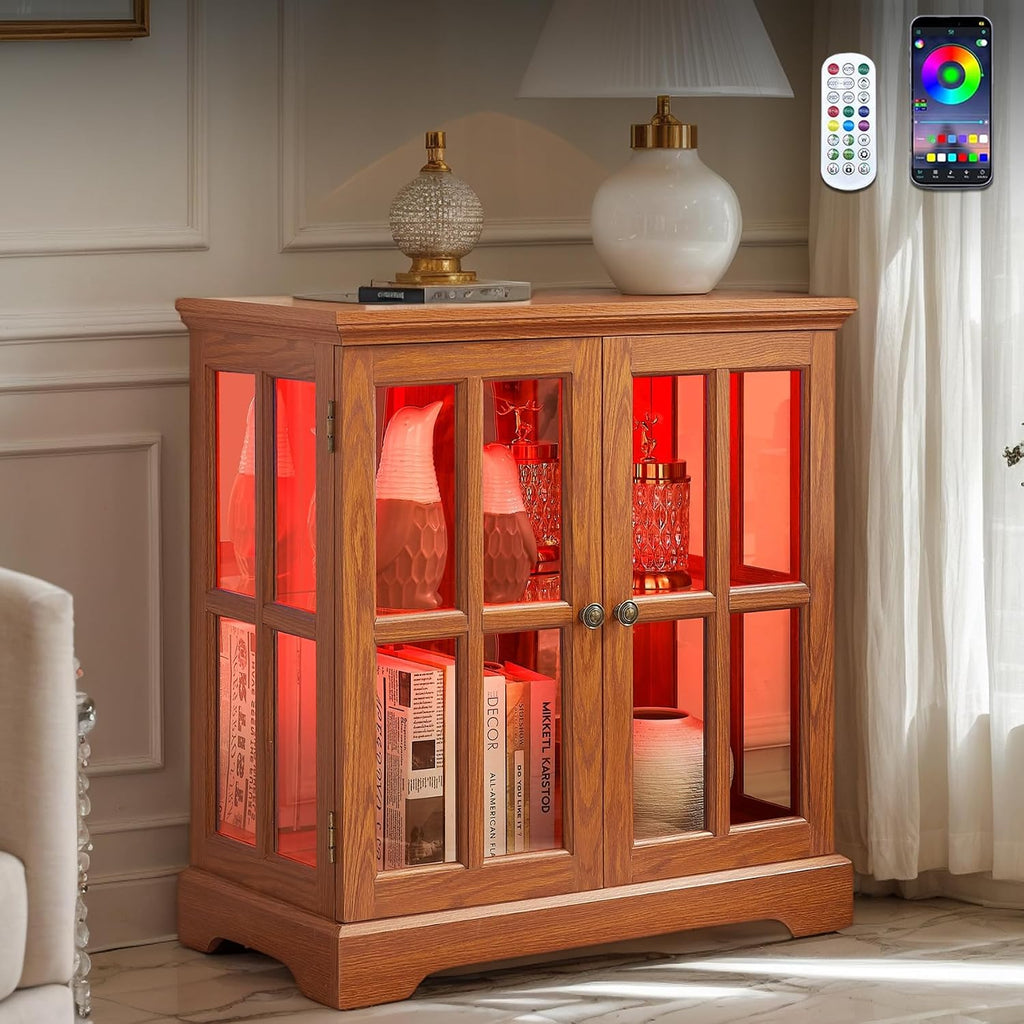32' H LED Accent Curio Cabinet with 7 Color Lights for Collectibles, Modern Storage Cabinet with Tempered Glass Doors, Sideboard Buffet Case with Smartphone-Controlled Lights (Dark Oak)