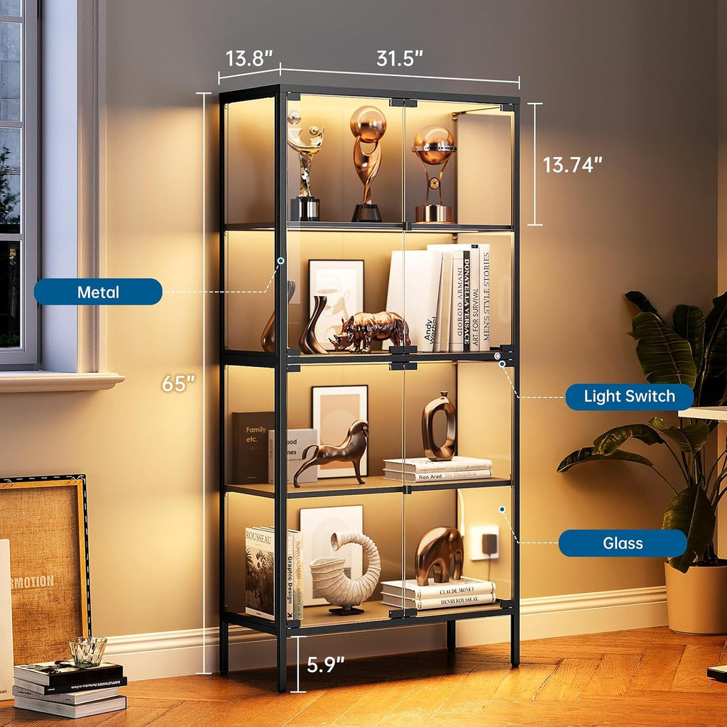 PEUKC 65' Glass Display Cabinet with 3-Color LED Light, Display Case with 4 Tempered Glass Doors and Shelves, Metal Frame Curio Storage Cabinet for Collectibles, Figures, Awards, Toy, Book (Black)