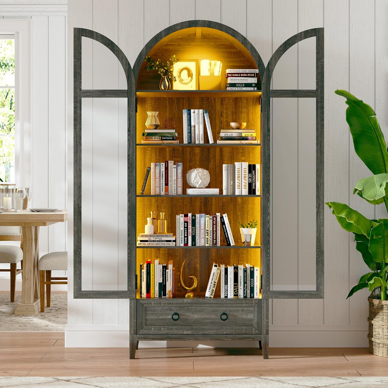 Arch Display Cabinet with Glass Doors, 4-Tier Curio Cabinet Shelves and a Drawer,73' Inch Tall LED Display Case for Collectibles,Bookcase for Bedroom Living Room Office,Brown
