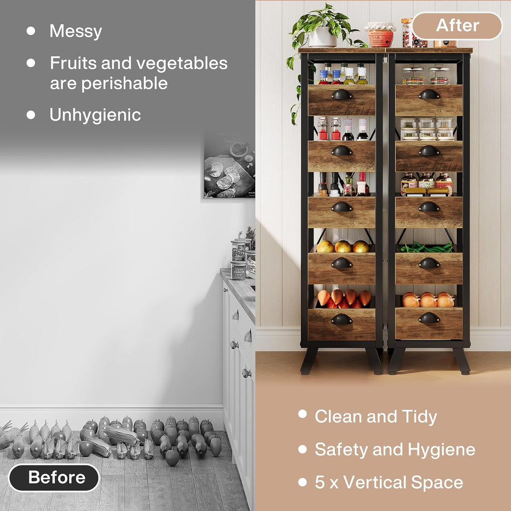 Tribesigns Wood Fruit and Vegetable Storage Rack Set of 2, 5-Tier Narrow Snack Stand Kitchen Stand Fruit Basket, Pull-Out Utility Organizer for Kitchen, Living Room, Rustic Brown