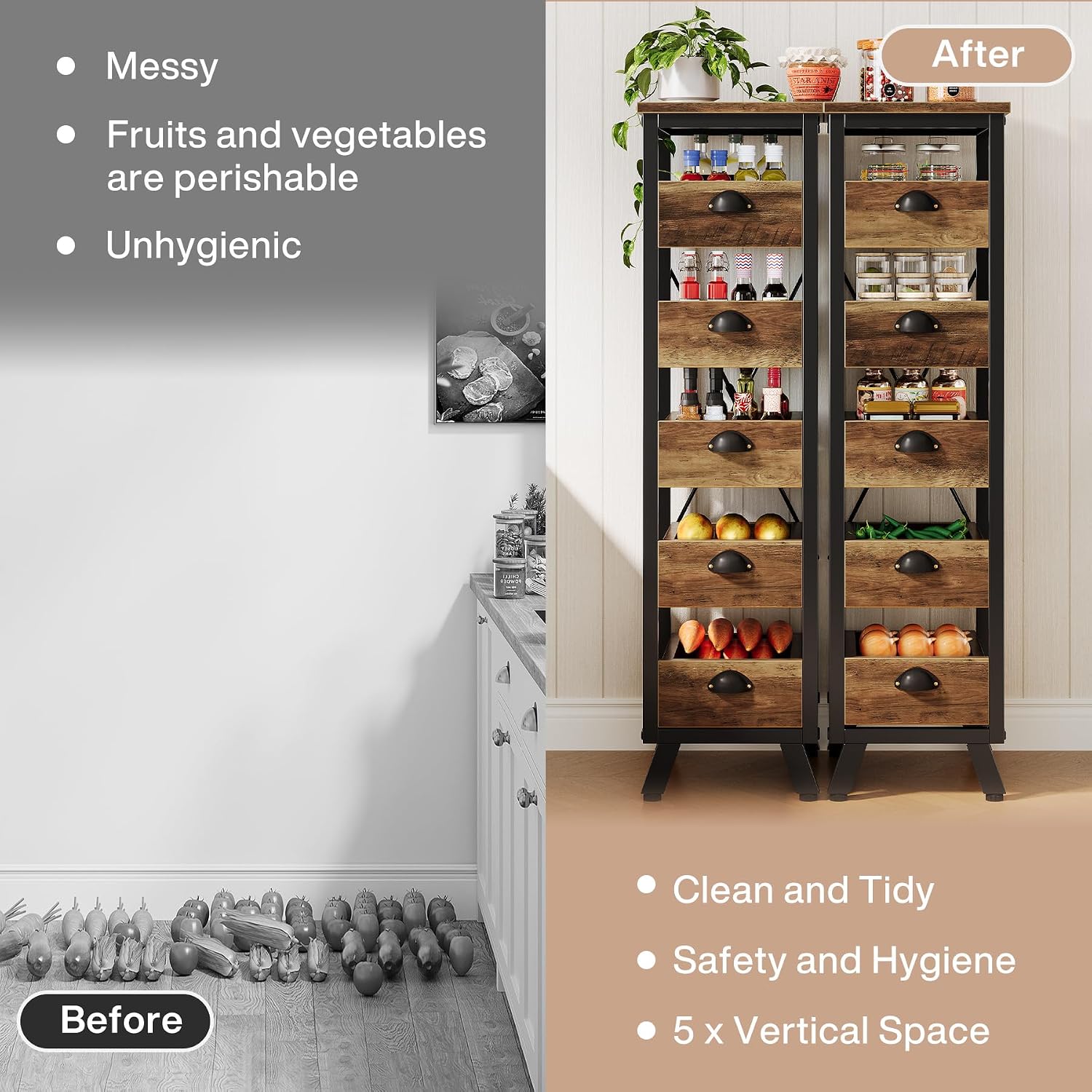 Tribesigns Wood Fruit and Vegetable Storage Rack Set of 2, 5-Tier Narrow Snack Stand Kitchen Stand Fruit Basket, Pull-Out Utility Organizer for Kitchen, Living Room, Rustic Brown