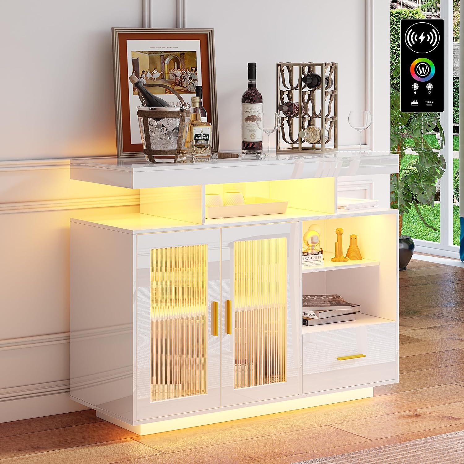 HNEBC LED Sideboard Buffet Cabinet with Charging Station, Smart Bar Cabinet with Auto RGB Lighted, High Gloss Coffee Bar with Drawer/Hutch for Living Room, Dining Room, Home Storager(White)
