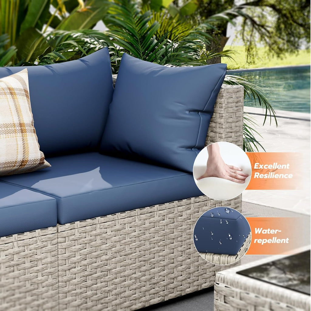UDPATIO Outdoor Patio Furniture Set, 7 Piece Modular Sectional Sofa with Tea Table, PE Wicker Outdoor Conversation Set for Patio, Garden, Backyard Blue