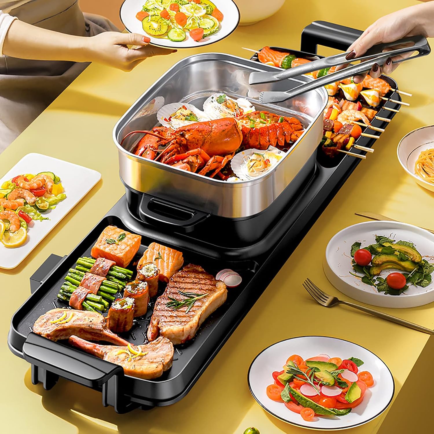 3 in 1 Hot Pot Grill BBQ Electric Grill Hot Pot Smokeless Barbecue Machine Non-Stick Pan for Indoor and Outdoor Electric Grill Indoor Hot Pot Combo, 2200W Capacity Multifunctional