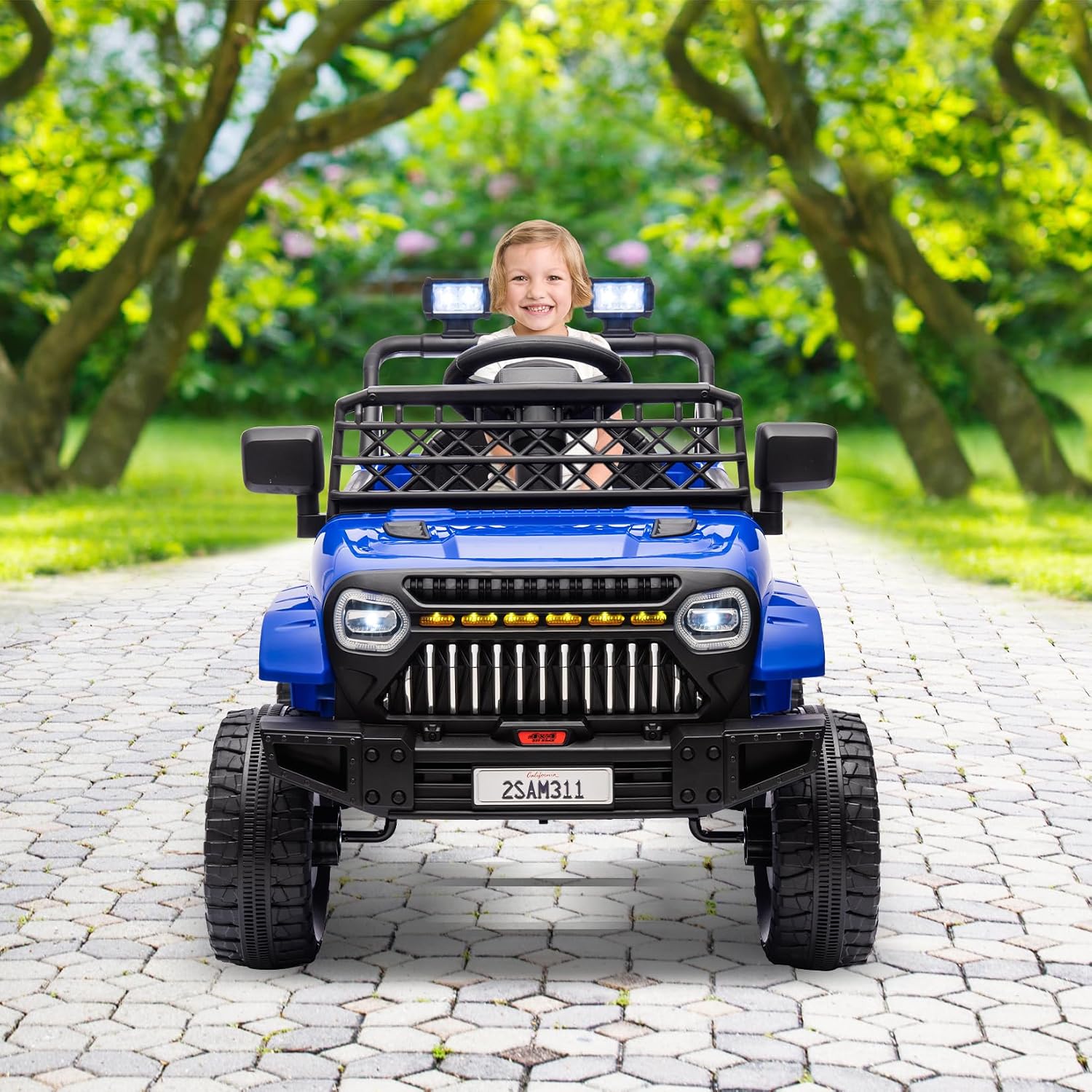 12V Ride On Car for Kids Electric Vehicle Toddlers Battery Powered Truck Car Toy with Remote Control, 4-Wheel Suspension, Battery Display, LED Lights, Music, for Boys Girls, Dark Blue