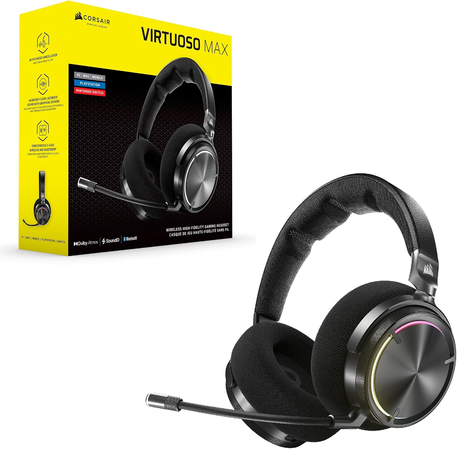 Corsair Virtuoso MAX Wireless Gaming Headset – Dolby Atmos, Active Noise Cancelling, Sonarworks SoundID, Simultaneous 2.4GHz Wireless & Bluetooth, 50mm Graphene Drivers, PC, Mac, PS5/PS4 – Carbon
