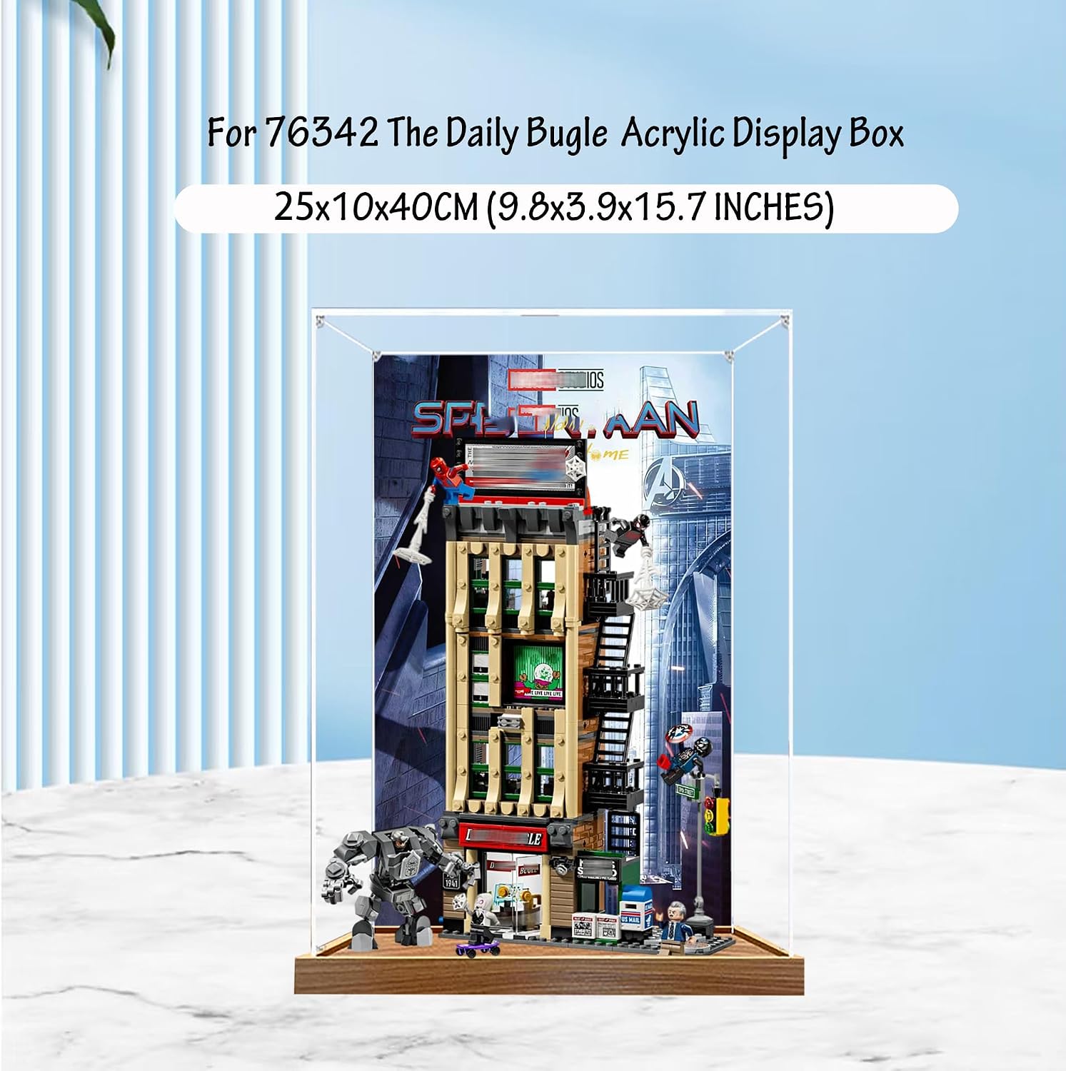 Acrylic Display Case for Lego 76342 The Daily Bugle Model, 3mm Dustproof Display Box, Display Case Compatible with Lego 76342(Model Not Included) (Background 3MM Wood Base B)