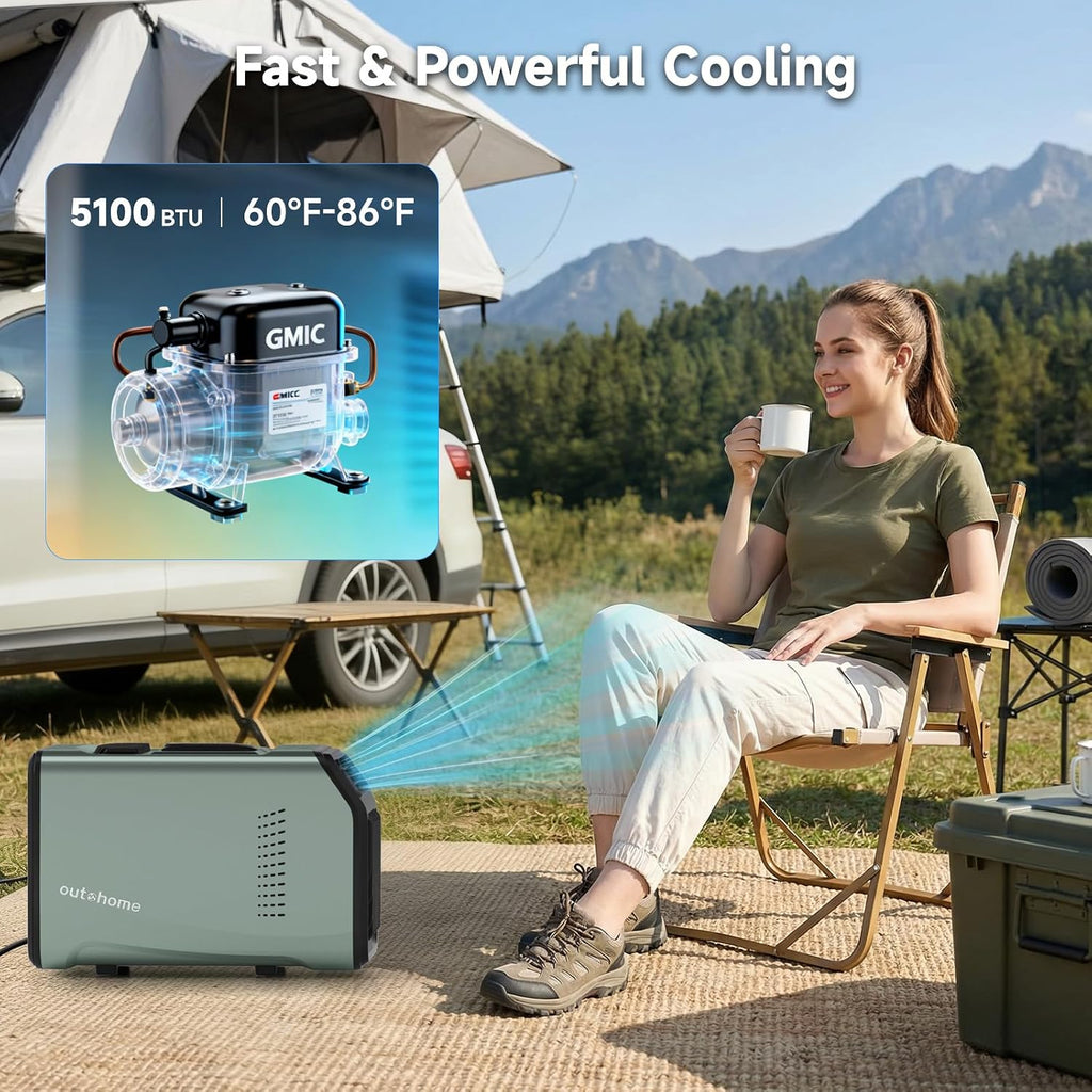 OUTOHOME Tent Air Conditioner, 5100 BTU AC110V Quiet 4-in-1 Free Standing Cooling Portable AC Camping for rooms up to 200 sq ft, 24h Timer for Camping Tent, Truck, Outdoor or Home Use