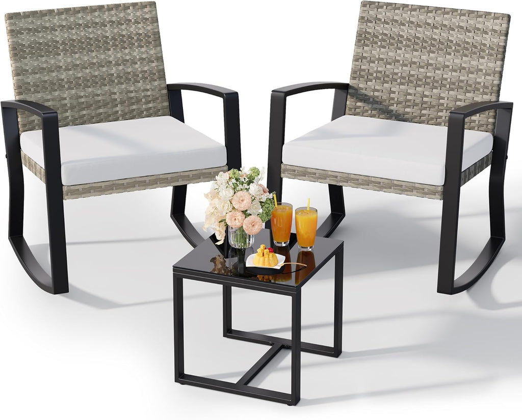 Qsun 3 Pieces Outdoor Patio Furniture Set Rocking Bistro Set, Outdoor Patio Furniture Set with Coffee Table for Garden Balcony Backyard Poolside (Light Grey Cushion)