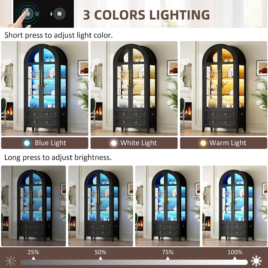 Vlsrka 71' Arched Curio Cabinet with Glass Doors, 4-Shelves Display Cabinet and 2 Drawers, Display Case with 3 Color Lights, Tall Bookcase, Kitchen Pantry, Black+Wood