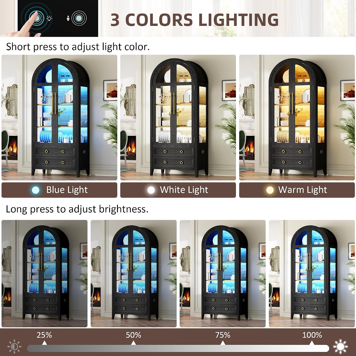 Vlsrka 71' Arched Curio Cabinet with Glass Doors, 4-Shelves Display Cabinet and 2 Drawers, Display Case with 3 Color Lights, Tall Bookcase, Kitchen Pantry, Black+Wood