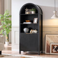 Arched Cabinet Bookshelf Bookcase - 71' Tall Mid Century Arched Display Cabinets, Rounded Bookshelf with Fluted Doors, Open Shelf Storage Cabinet for Dining Room (Black)