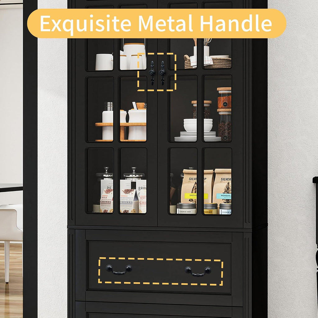 78.8' Tall Bookcase Display Storage Cabinet Hutch with Glass Doors & Drawers - Curio Display Bookshelf Kitchen Pantry for Home, Kitchen, Living Room.