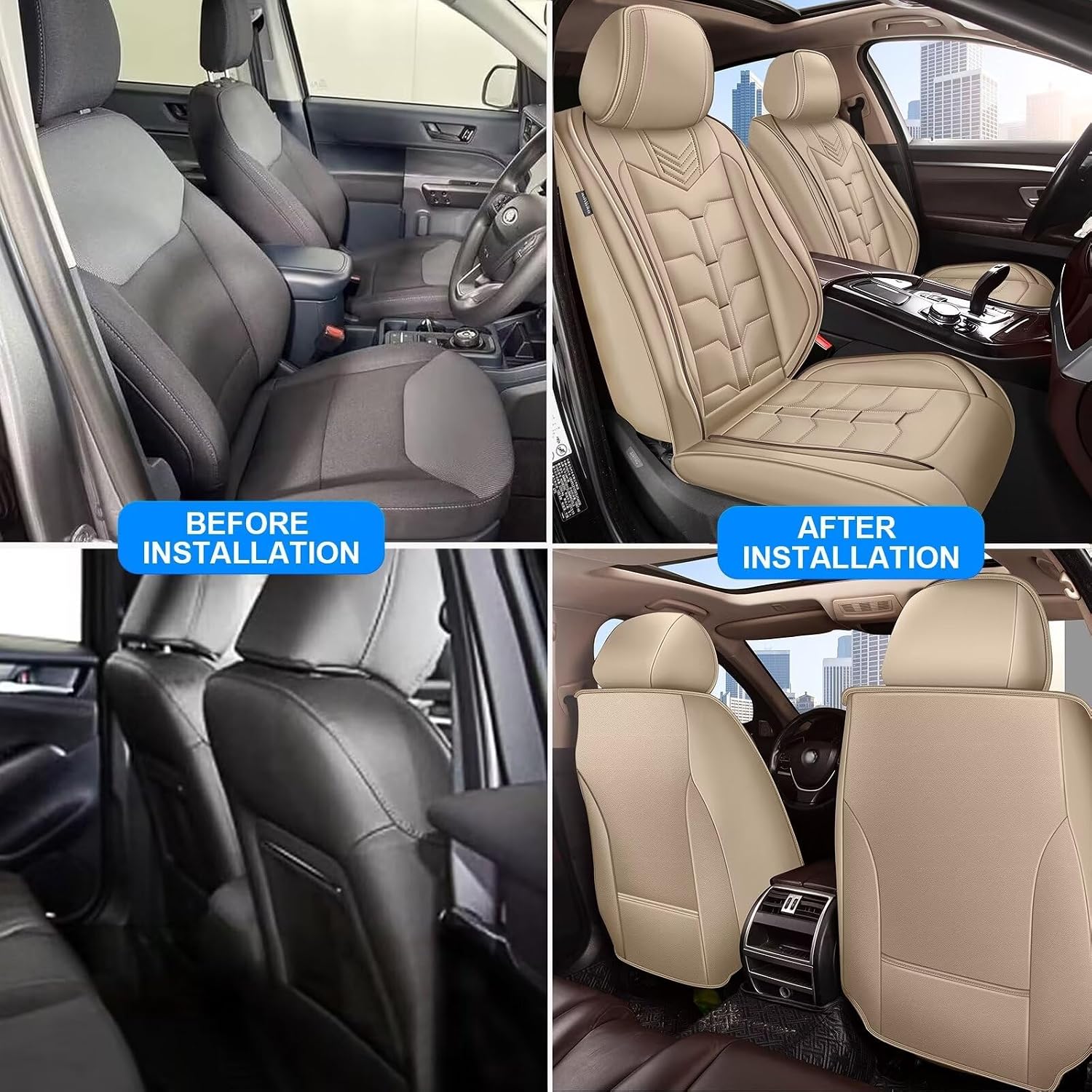 IKABEVEM Seat Covers Fit for Mazda 3 2007-2019 2PCS Front Car Seat Covers Faux Leather Seat Cushion Waterproof Auto Protectors(Beige)-2 Front Seat Covers