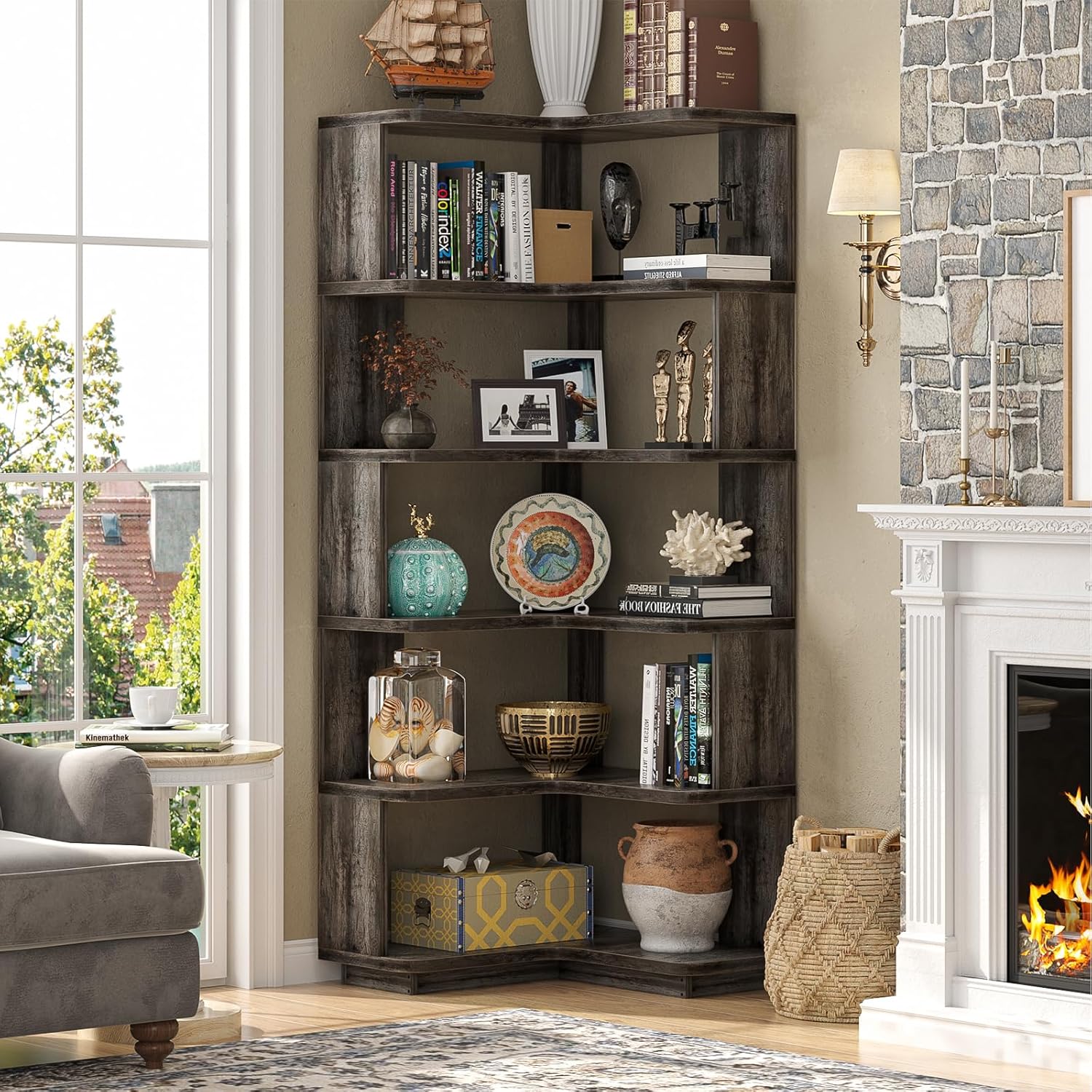 Armocity Corner Book Shelf - 6 Tier Corner Bookshelf Etagere Bookcase with Baffle, Freestanding L Shaped Display Shelf Stand for Home Office, Living Room, Bedroom, Kitchen, Grey Oak
