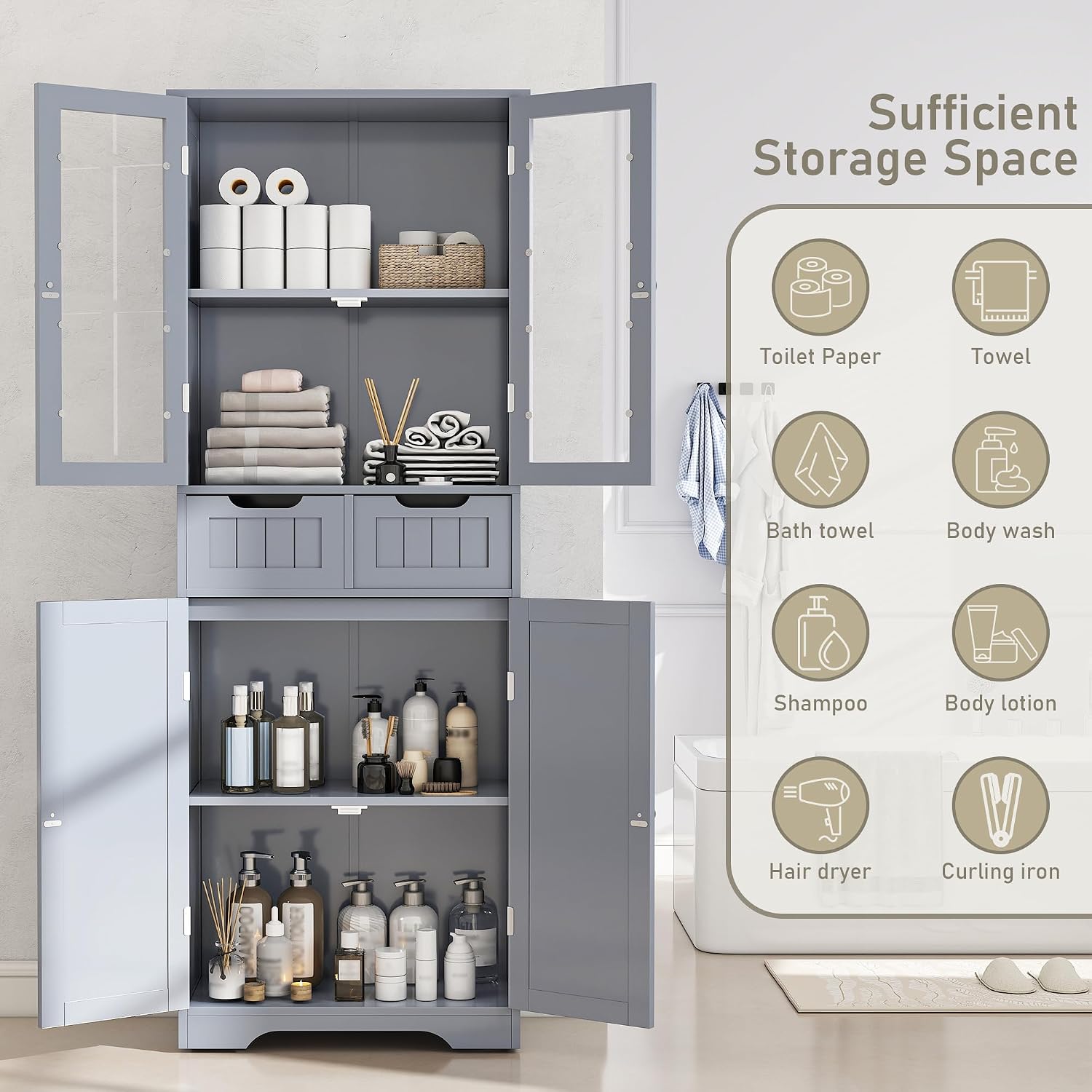 Betterhood 67' Tall Bathroom Storage Cabinet, Freestanding Cabinet with Glass Doors and Shelves, Large Bathroom Pantry with 2 Drawers for Living Room, Kitchen, Dining Room, Office, Gray
