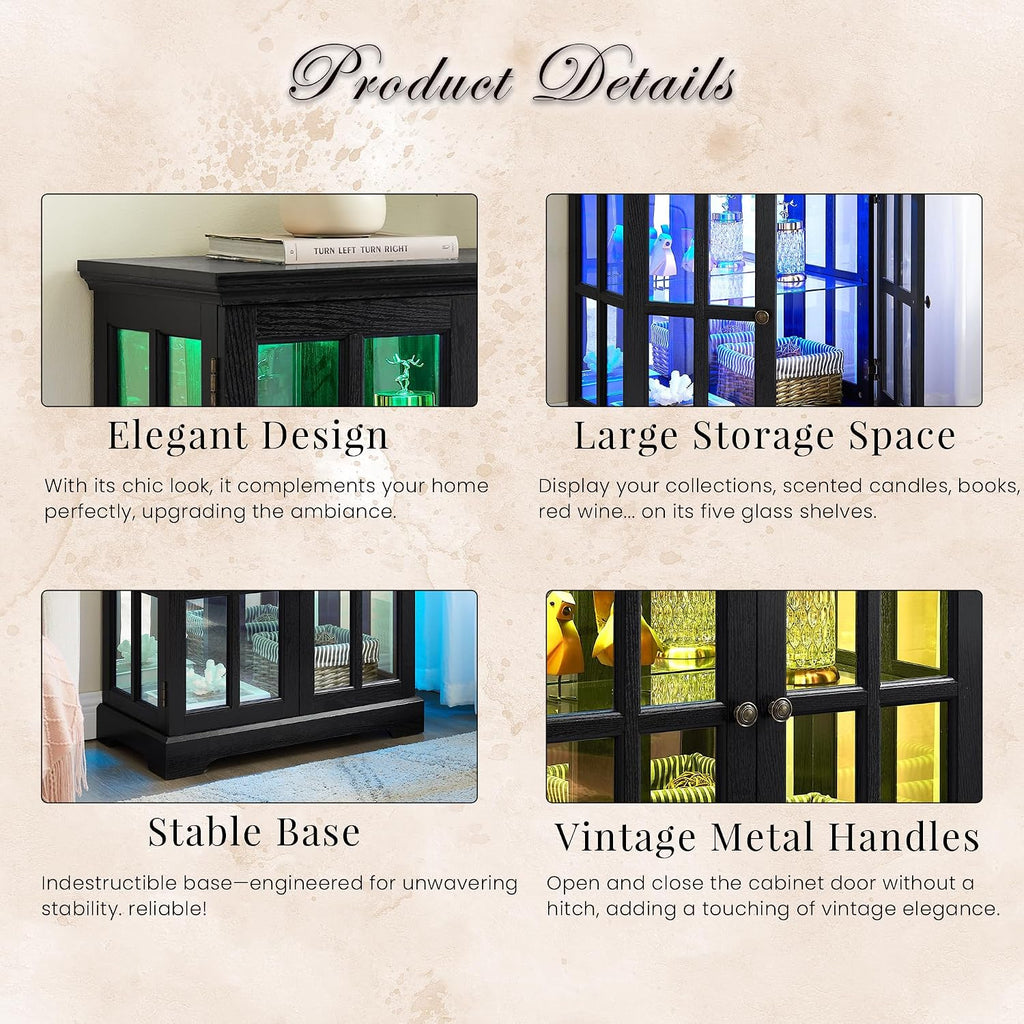 32' H LED Accent Curio Cabinet with 7 Color Lights for Collectibles, Modern Storage Cabinet with Tempered Glass Doors, Sideboard Buffet Case with Smartphone-Controlled Lights (Black)
