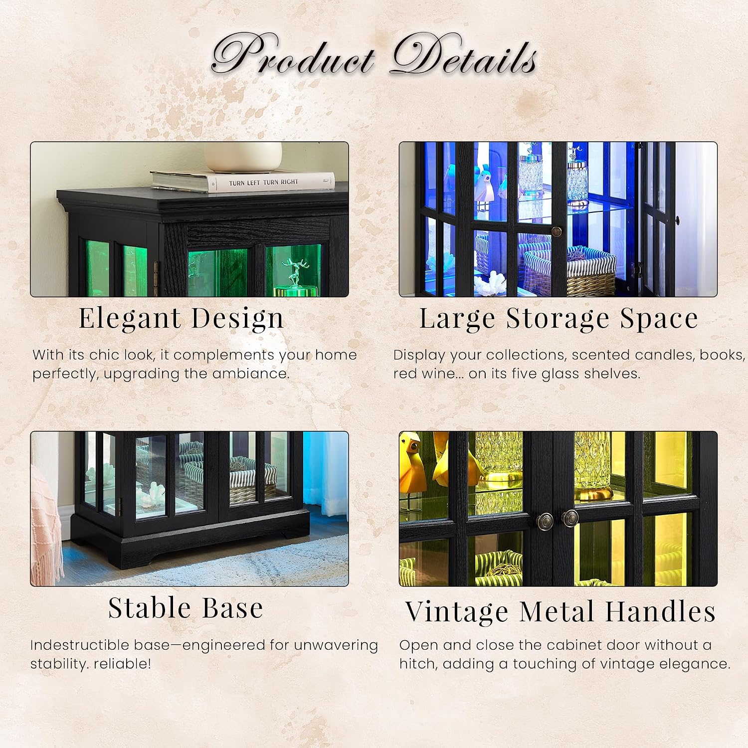 32' H LED Accent Curio Cabinet with 7 Color Lights for Collectibles, Modern Storage Cabinet with Tempered Glass Doors, Sideboard Buffet Case with Smartphone-Controlled Lights (Black)