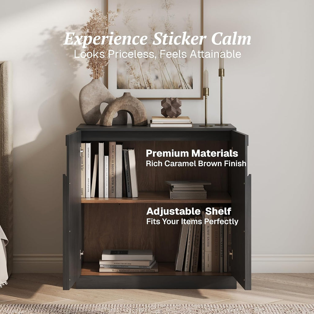 BELLEZE 2 Tier Bookshelf with Arched Wood Door, Modern Display Bookcase Shelf with Storage and Adjustable Shelves, Wood Bookshelves for Living Room Office Entryway (Ebony)