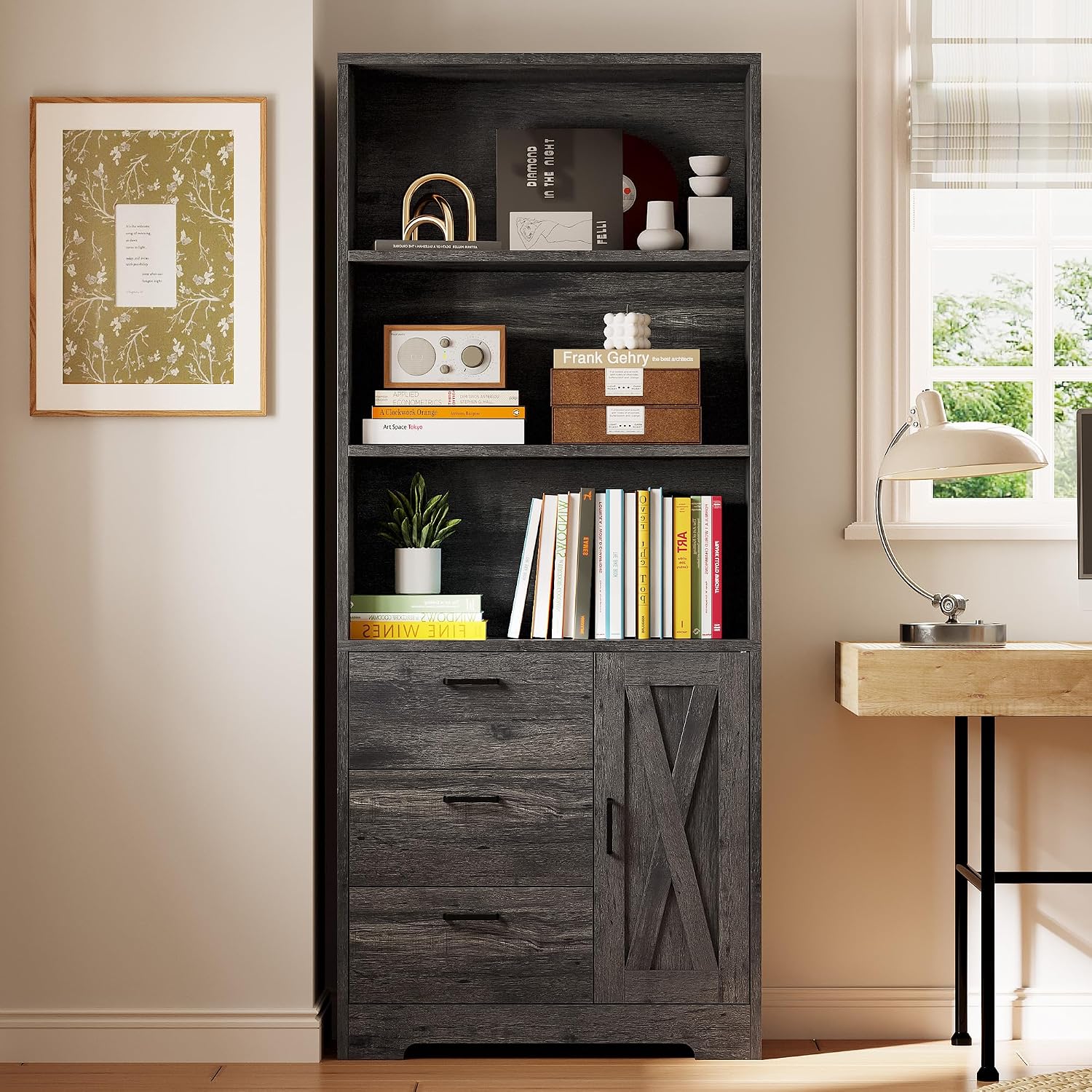 IRONCK Bookshelf with Door and 3 Drawers, 71in Tall Bookcase Shelf with 3-Tier Shelves, for Bedroom Living Room Entrance Hallway Home Office