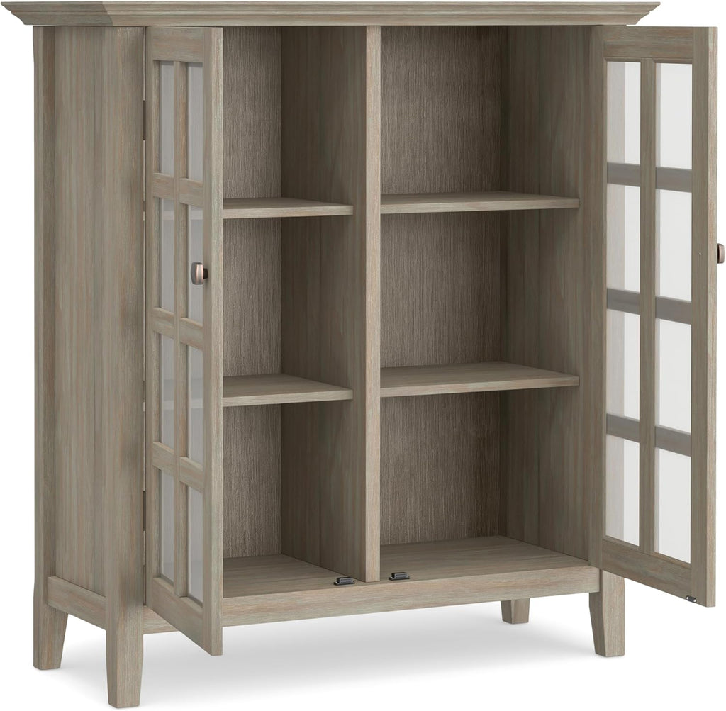 SIMPLIHOME Acadian Storage Cabinet - 39 inch Wide Solid Wood 4-Shelf Display Cabinet in Distressed Grey, Transitional Cupboard for Living Room or Dining Room with Glass Doors and Adjustable Shelves