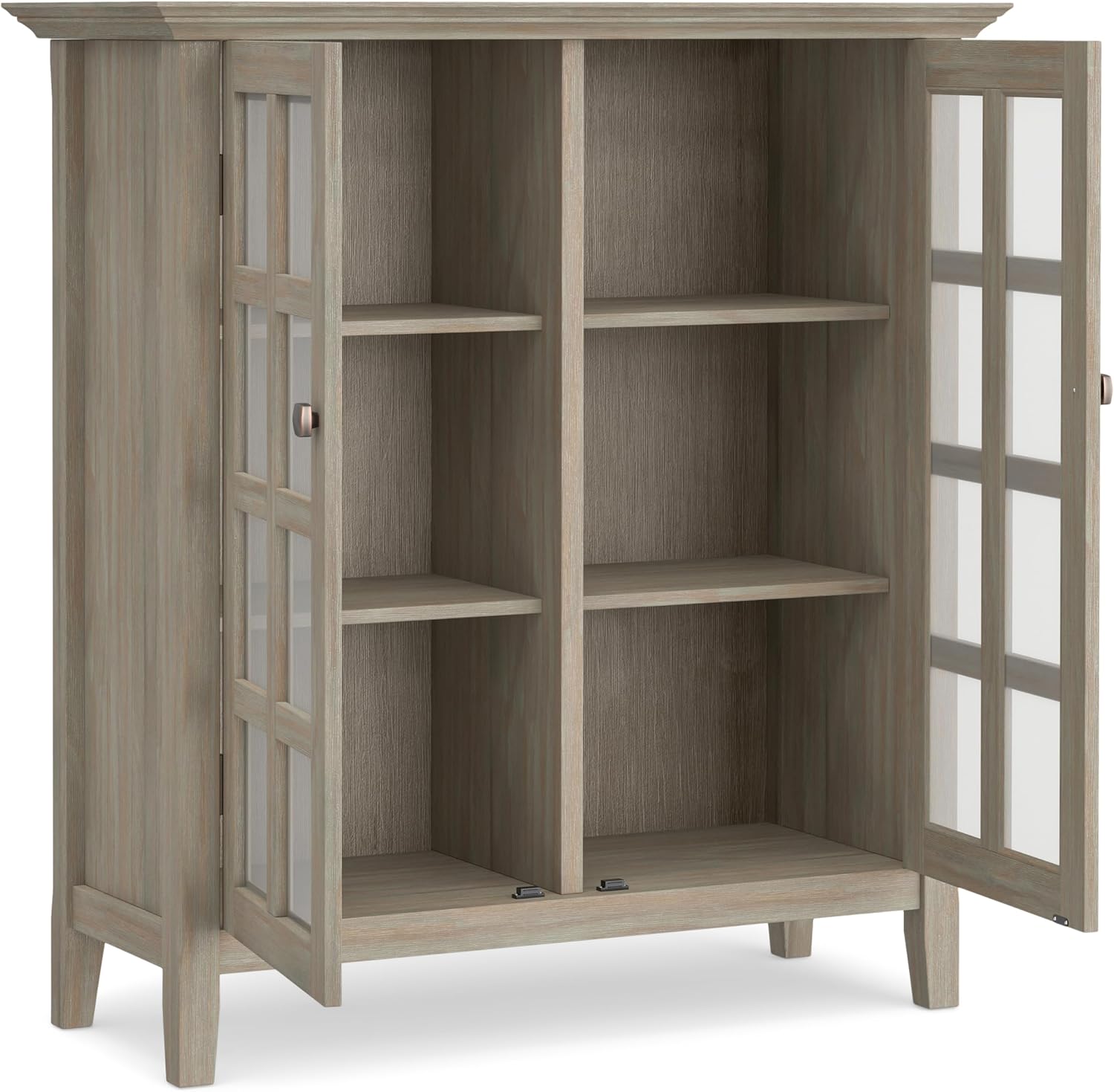 SIMPLIHOME Acadian Storage Cabinet - 39 inch Wide Solid Wood 4-Shelf Display Cabinet in Distressed Grey, Transitional Cupboard for Living Room or Dining Room with Glass Doors and Adjustable Shelves