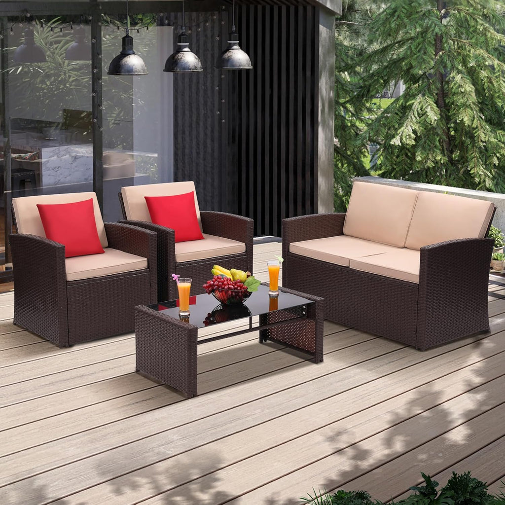KROFEM 4-Piece Patio Furniture Set, Wicker Outdoor Rattan Sectional Sofa with Cushions and Glass Table, All-Weather Outdoor Conversation Set for Garden, Porch, Backyard, Patio, Beige
