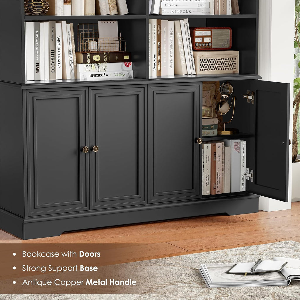 FINETONES 73' Black Bookshelf with Doors, 6 Tier Tall Bookshelf Double Wide Bookcases and Bookshelves with Storage, Large Display Cabinets for Home Office,Living Room, Library