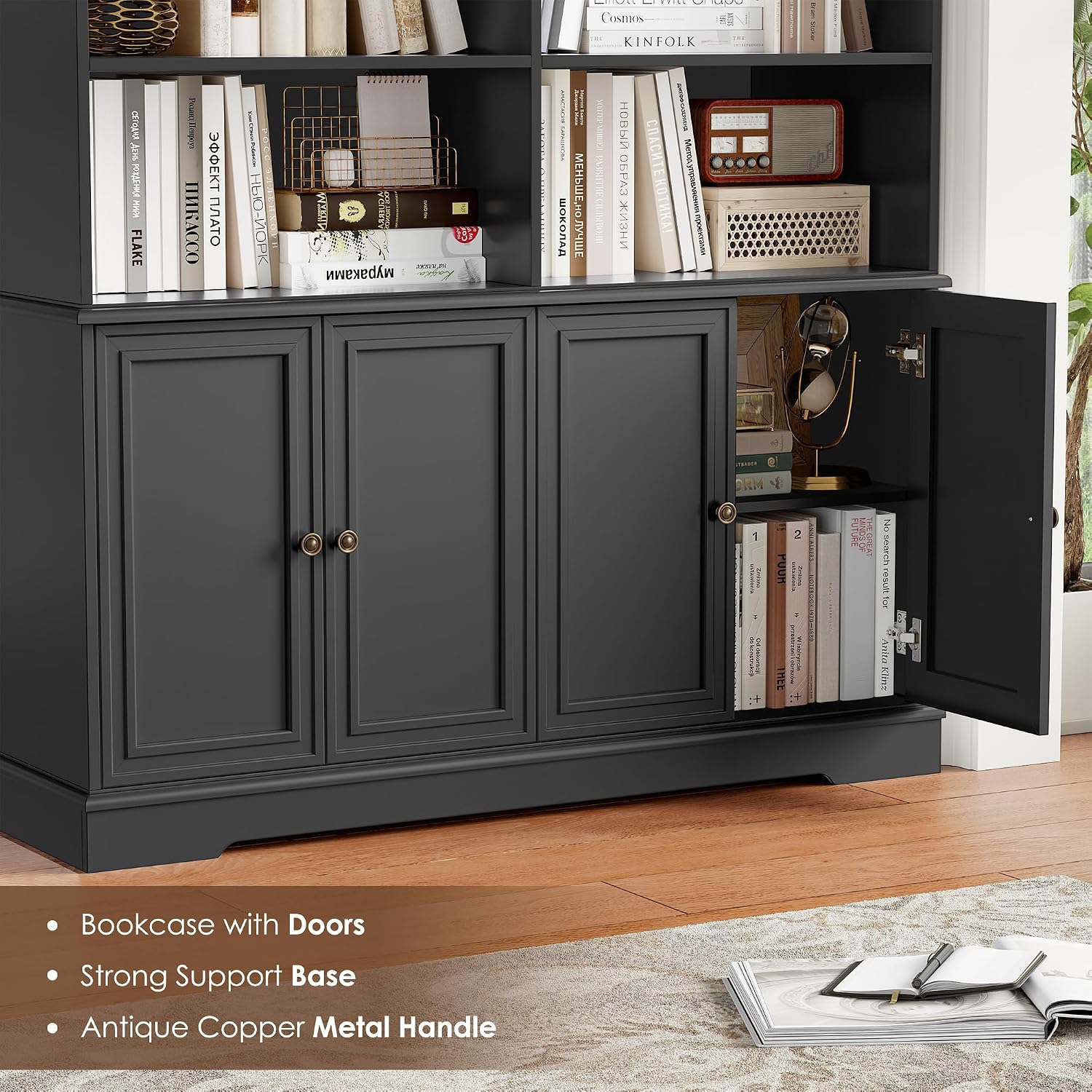 FINETONES 73' Black Bookshelf with Doors, 6 Tier Tall Bookshelf Double Wide Bookcases and Bookshelves with Storage, Large Display Cabinets for Home Office,Living Room, Library