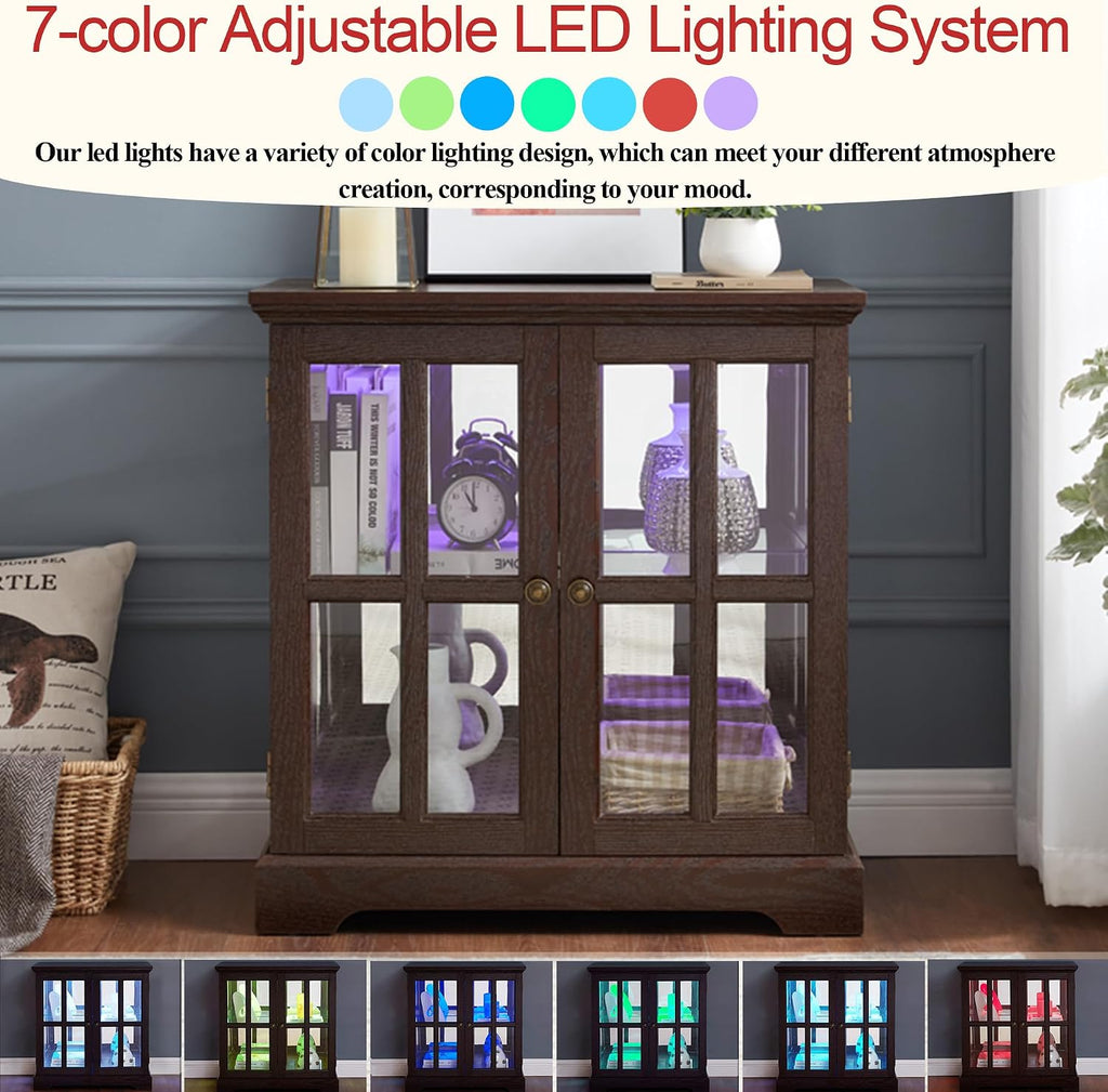 30' Glass Curio Display Storage Cabinet with LED Light, Modern 2 Lattice Doors Tableware Display Sideboard w/Adjustable Shelves, Retro Design Quality Showcase Bookcase for Home (Cherry)