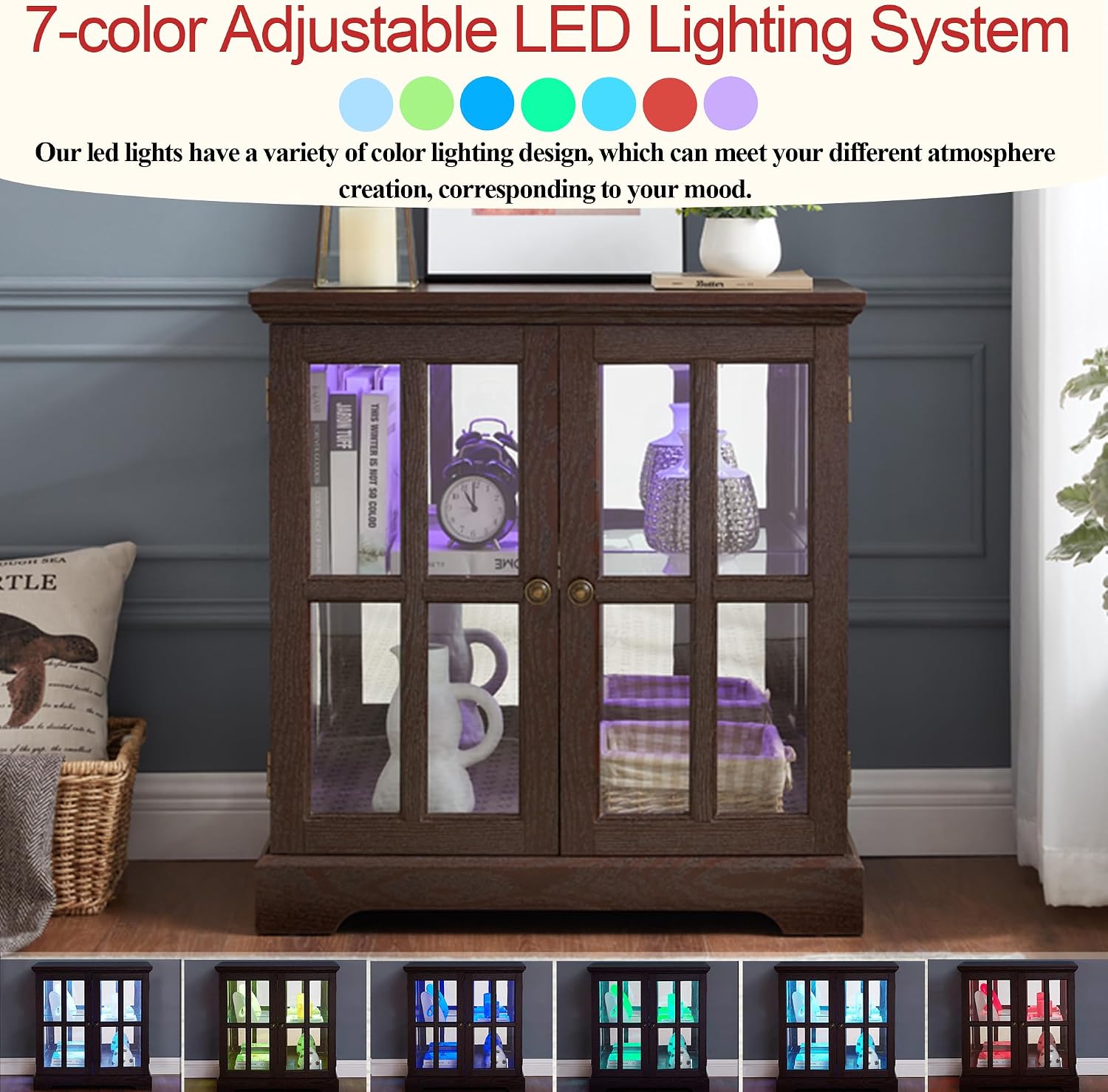 30' Glass Curio Display Storage Cabinet with LED Light, Modern 2 Lattice Doors Tableware Display Sideboard w/Adjustable Shelves, Retro Design Quality Showcase Bookcase for Home (Cherry)