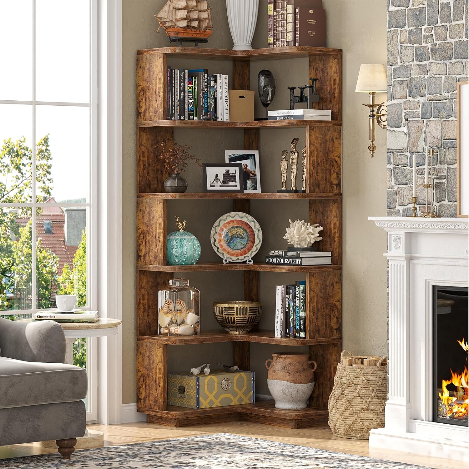 Armocity Corner Book Shelf - 6 Tier Corner Bookshelf Etagere Bookcase with Baffle, Freestanding L Shaped Display Shelf Stand for Home Office, Living Room, Bedroom, Kitchen, Rustic Brown