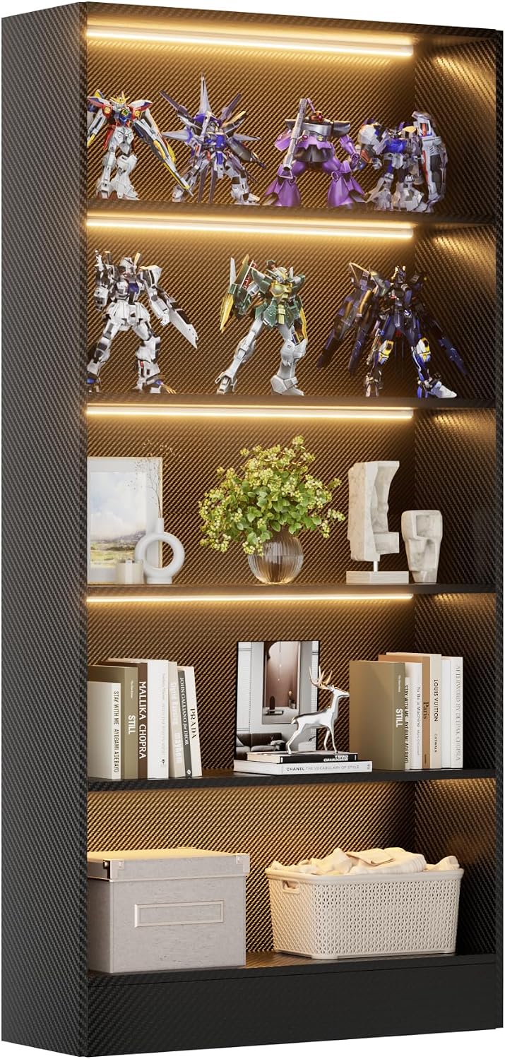 CODACE Tall Wooden Black Bookshelf - Book Shelf with LED Lights, Lighted Display Shelf with 5-Tier Shelves, Large Display Bookshelves for Collectibles, Modern Bookcase for Living Room, Bedroom, Office