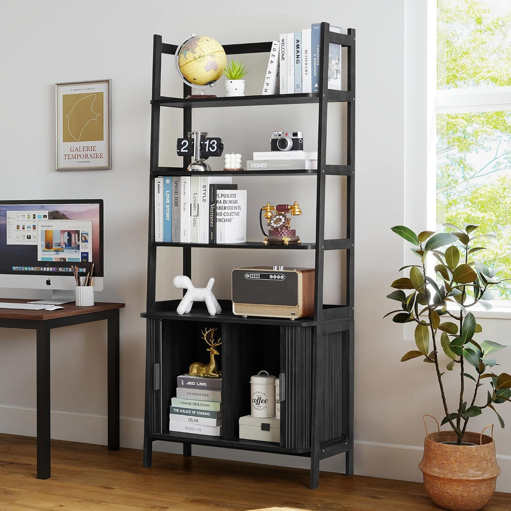 4-Tier Bookshelf, Tall Bookcase with Open Shelf and Sliding Door, 67' Freestanding Storage Organizer Display Cabinet for Living Room, Home Office (Black)