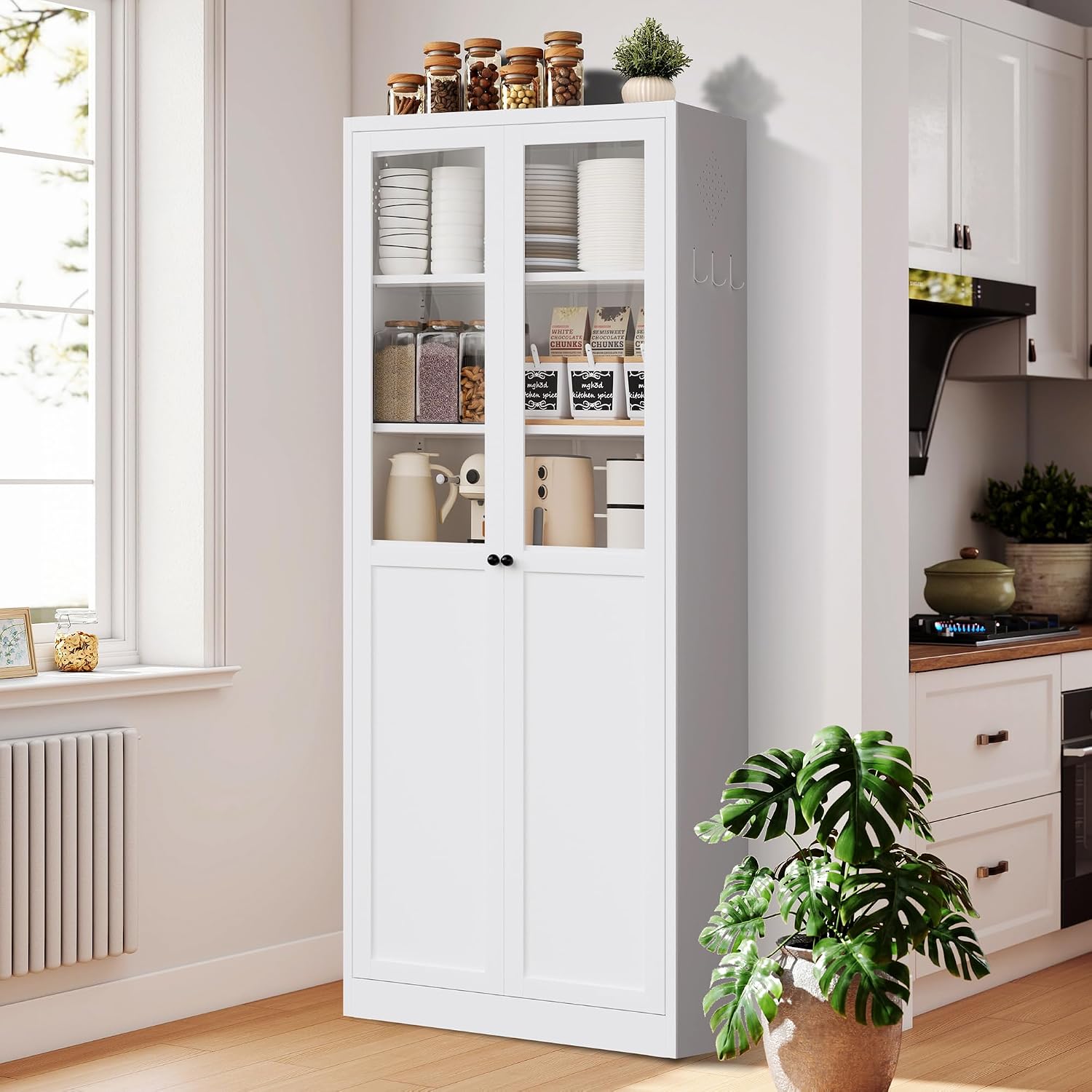 72' Metal Storage Cabinets with 5 Adjustable Shelves 2 Doors(Half Glass Door),White Kitchen Pantry Cabinet,Steel Cupboard Display Cabinets for Kitchen,Living Room,Bathroom,Assembly Required