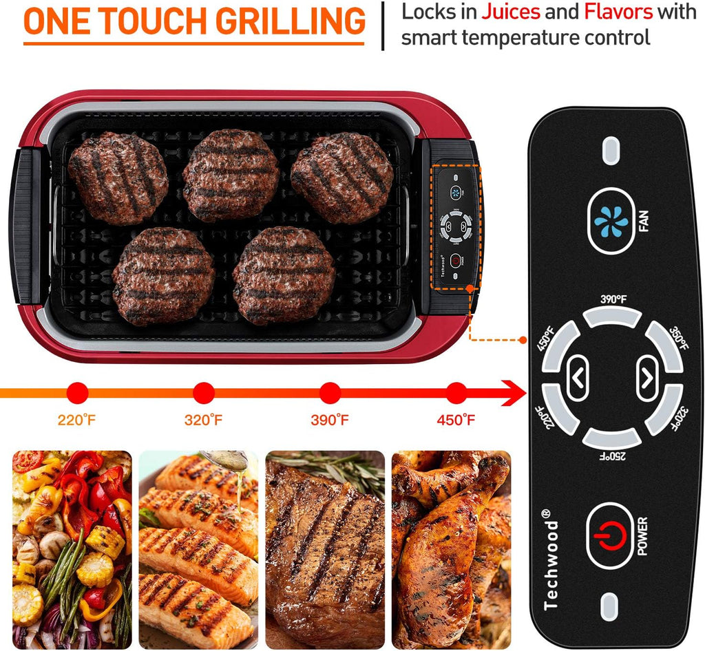 Indoor Smokeless Grill, Techwood 1500W Electric BBQ Grill with Temperature Control, Korean Grill Removable Non-Stick Grill & Griddle Plates, Tempered Glass Lid, Red