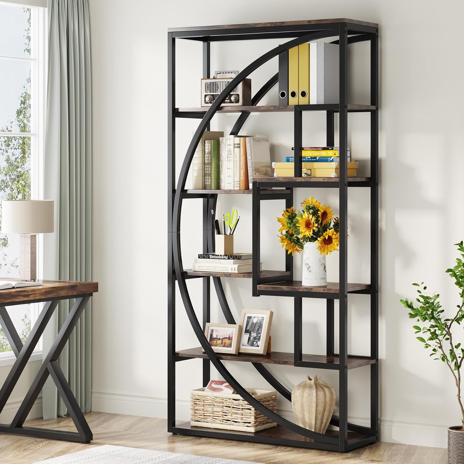 Tribesigns Bookshelf, Industrial 5-Tier Etagere Bookcase, 70.8 inch Tall Bookshelf with 8 Open Storage Shelf, Book Shelf Display Tack Shelving Unit for Home Office Living Room, Rustic Brown