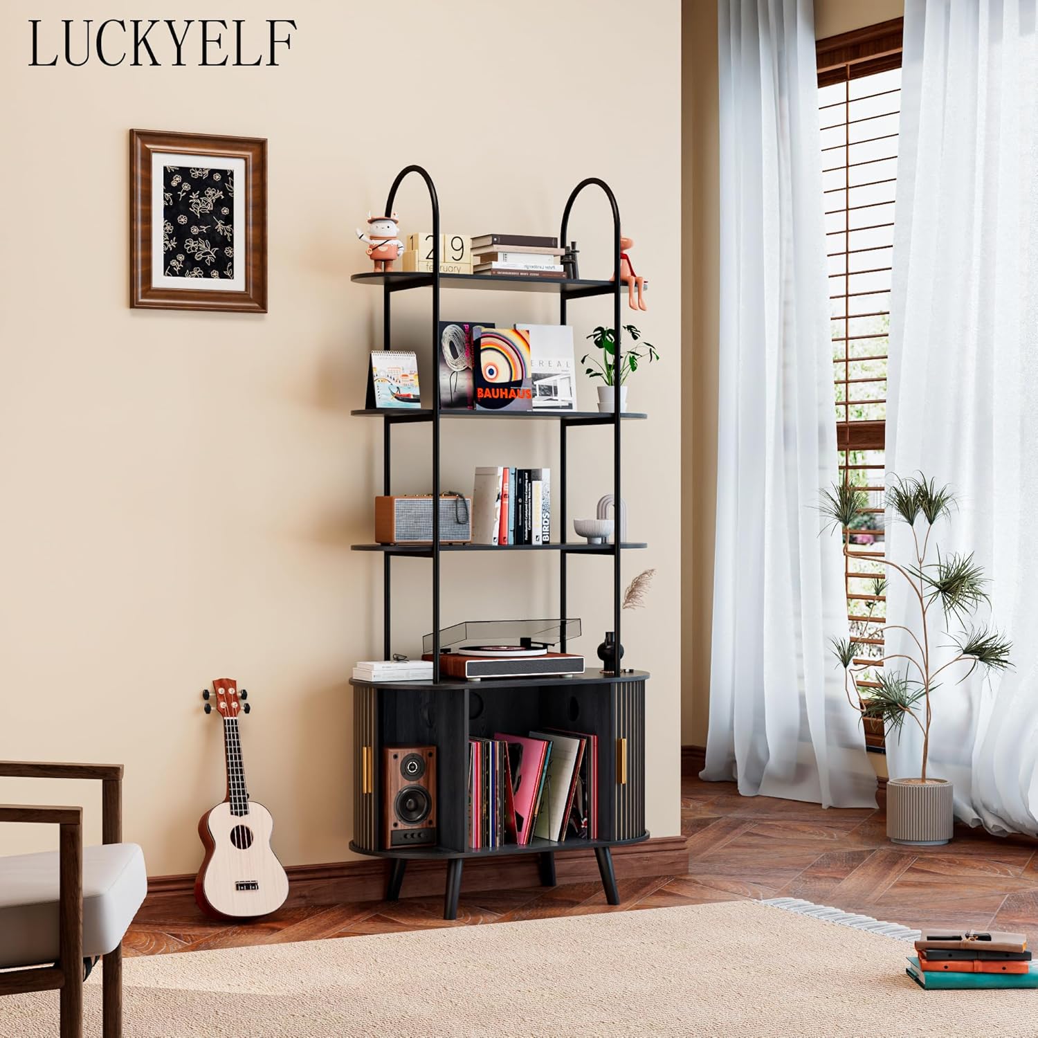 Tall Vinyl Record Player Stand, Black Small Record Storage Cabinet, 4 Tier Arched Bookshelf with Sliding Doors, Fluted Media Display Shelf, Mid Century Modern Turntable Stand for Living Room, Retro