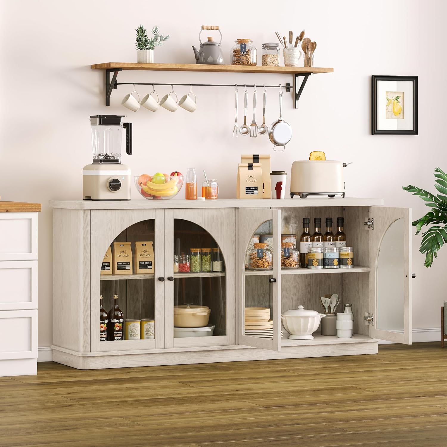 63 Inch Sideboard Buffet Cabinet, Modern Arched Buffet with Glass Doors, Large Curved Cabinets with Storage, Console Credenza w/Adjustable Shelves for Living Room, Kitchen, Entryway, White Oak