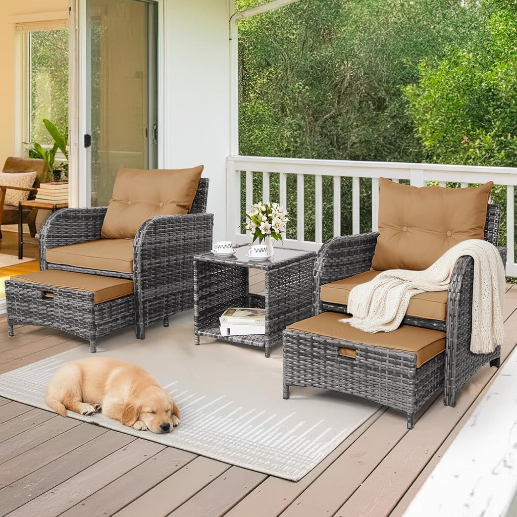 5 Pieces PE Wicker Outdoor Chairs with Ottomans, 5 PCS Rattan Patio Furniture Set with Ottoman, Patio Chairs with Ottomans for Porch Balcony Sunroom, Brown Cushion