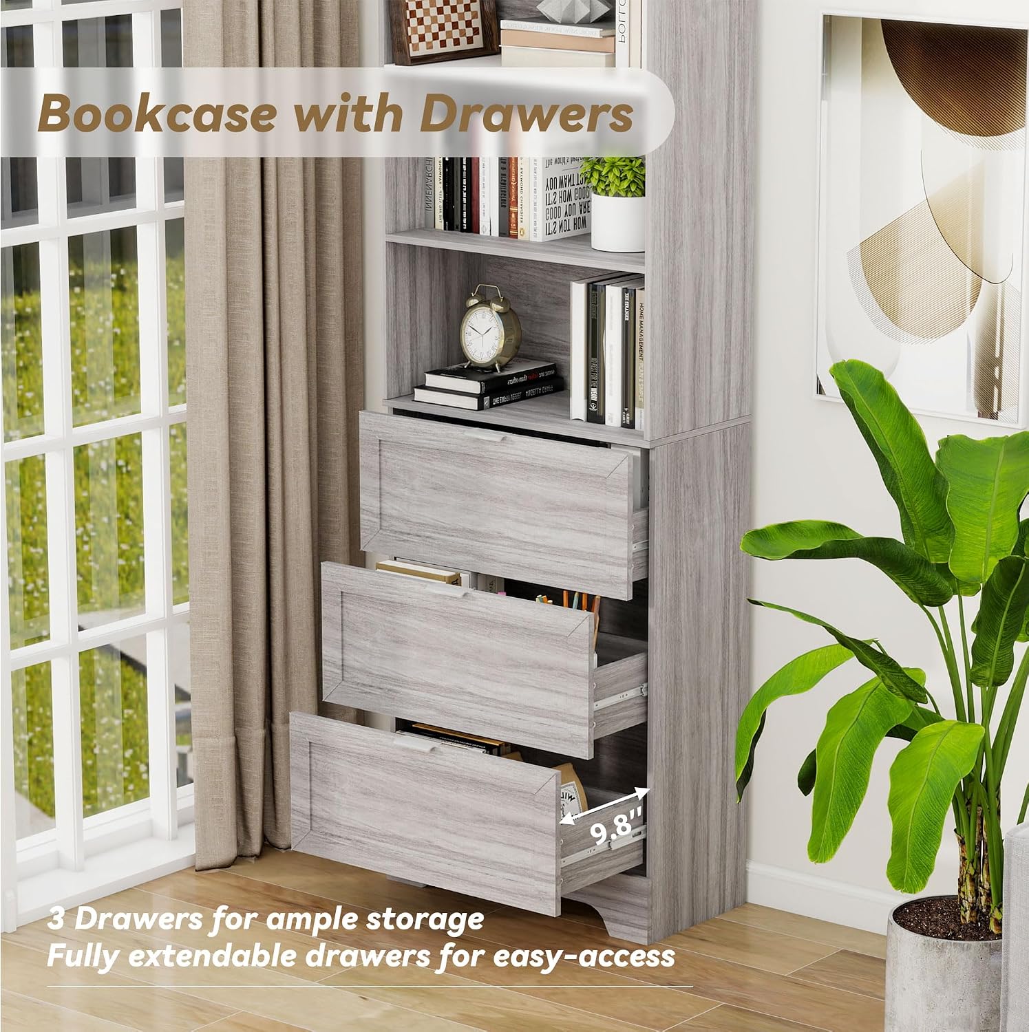 FTZxHKLX 71'' Tall Bookshelf with Drawers,6 Tier Wooden Bookcase Storage Organizer,Freestanding Display Cabinet with Adjustable Shelves for Living Room, Bedroom, Kitchen, Home Office, Wash Grey