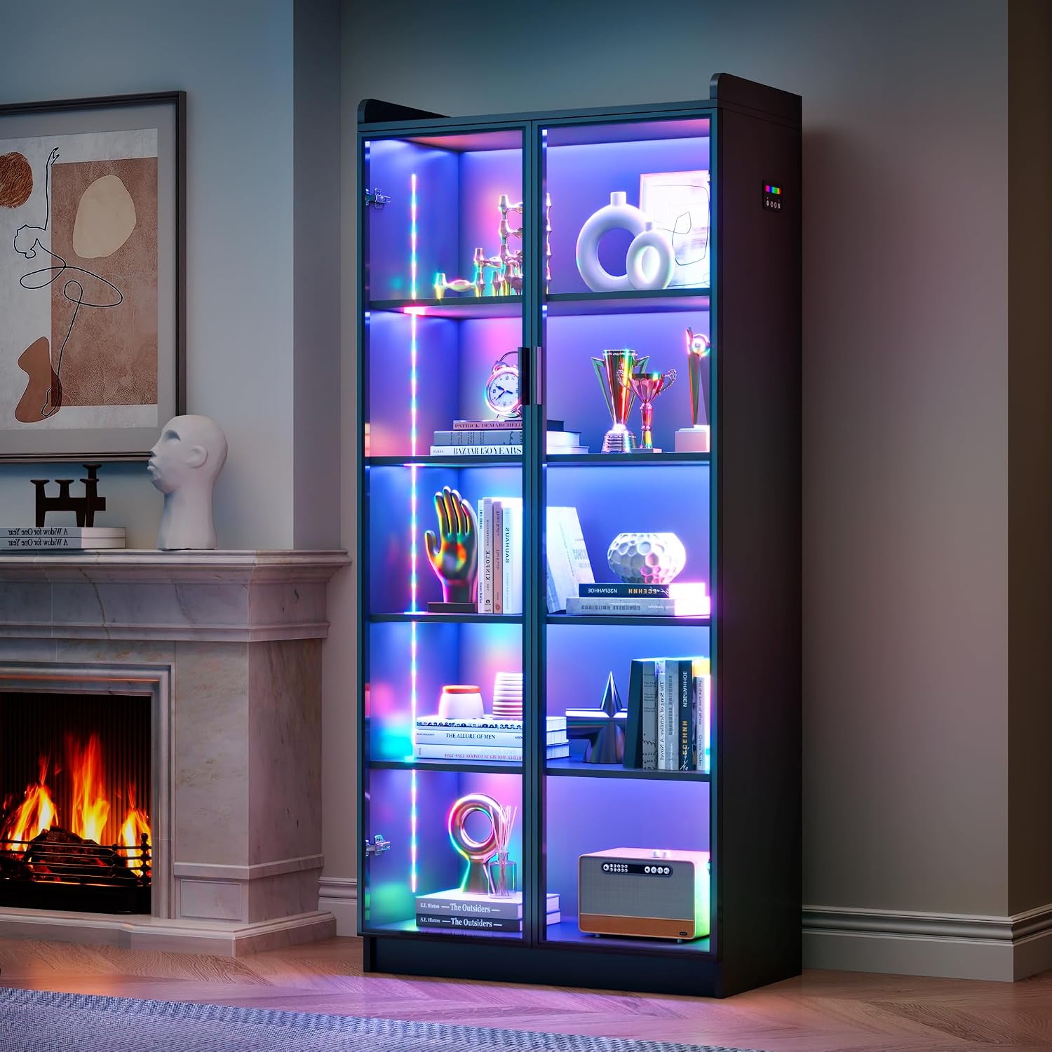 FREDEES Display Cabinet with Glass Doors, 5-Tier Curio Cabinet with Motion Sensor RGB Lights, 65' Tall Glass Display Case with Adjustable Shelves for Collectibles, Figures, Books, Black