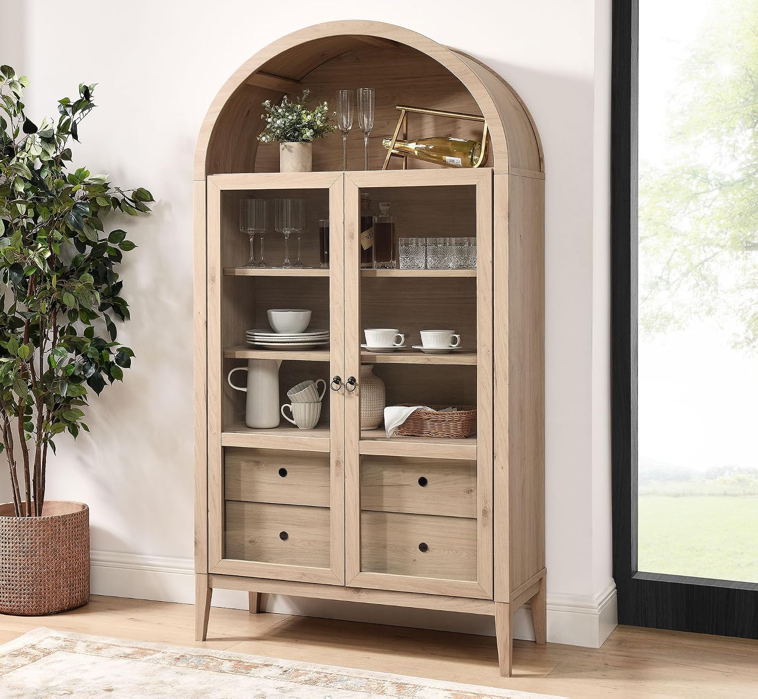 Modway Nolan Tall Arched Storage Display Cabinet in Light Oak - 74 Inch Arch Bookshelf with Glass Doors, Shelves and Drawers - Modern Accent Cabinet for Living Room, Dining Room