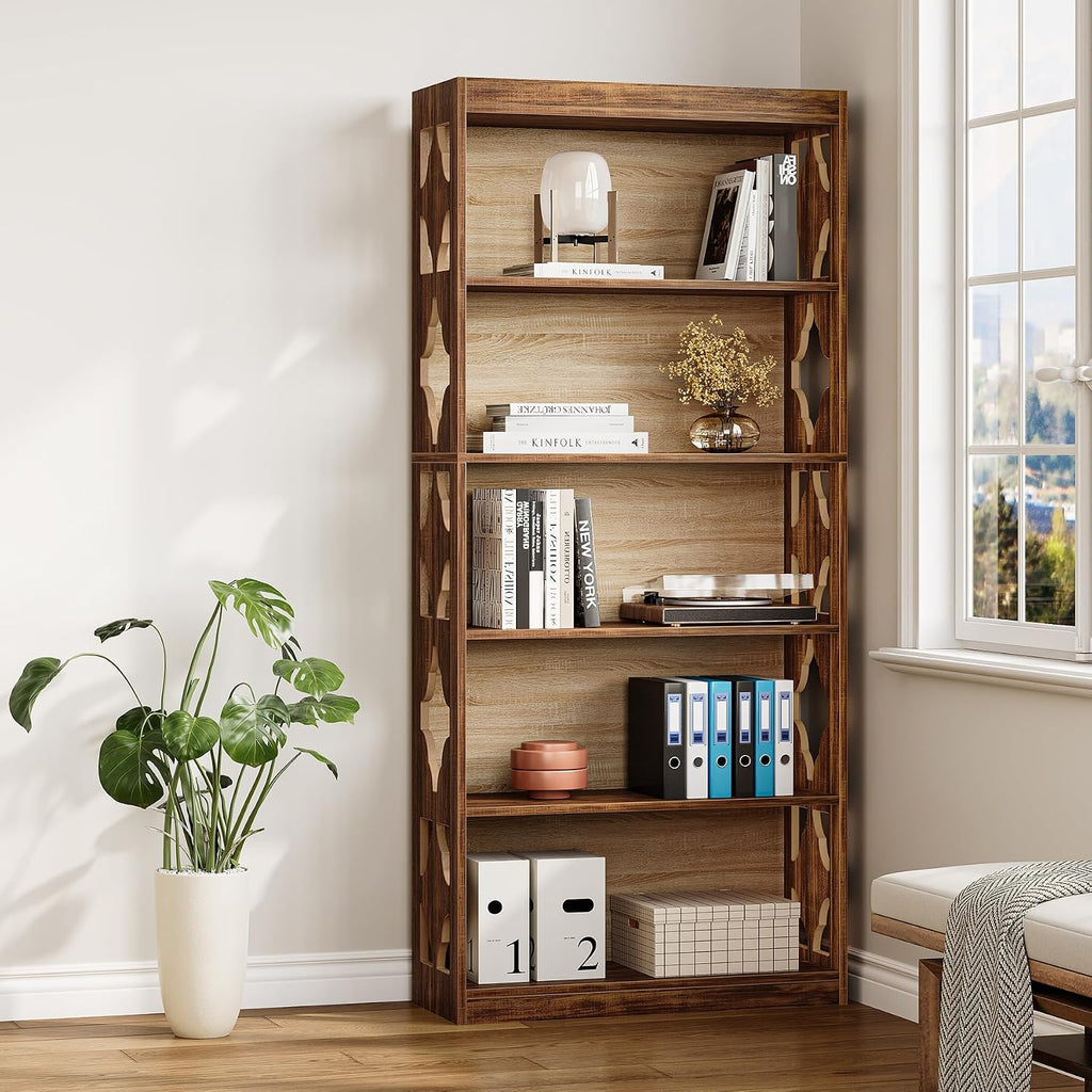 LITTLE TREE 69.9' Vintage Bookshelf, 5-Tier Tall Bookshelves, Cutout Design Vertical Bookcase, Freestanding Storage Display Shelf for Living Room, Bedroom, Study, Office, 1 Pack