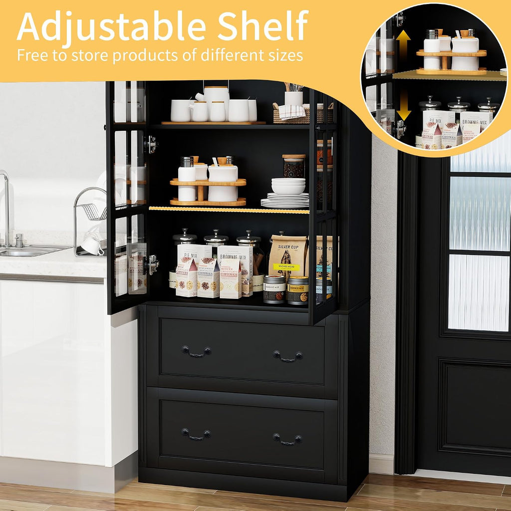 78.8' Tall Bookcase Display Storage Cabinet Hutch with Glass Doors & Drawers - Curio Display Bookshelf Kitchen Pantry for Home, Kitchen, Living Room.