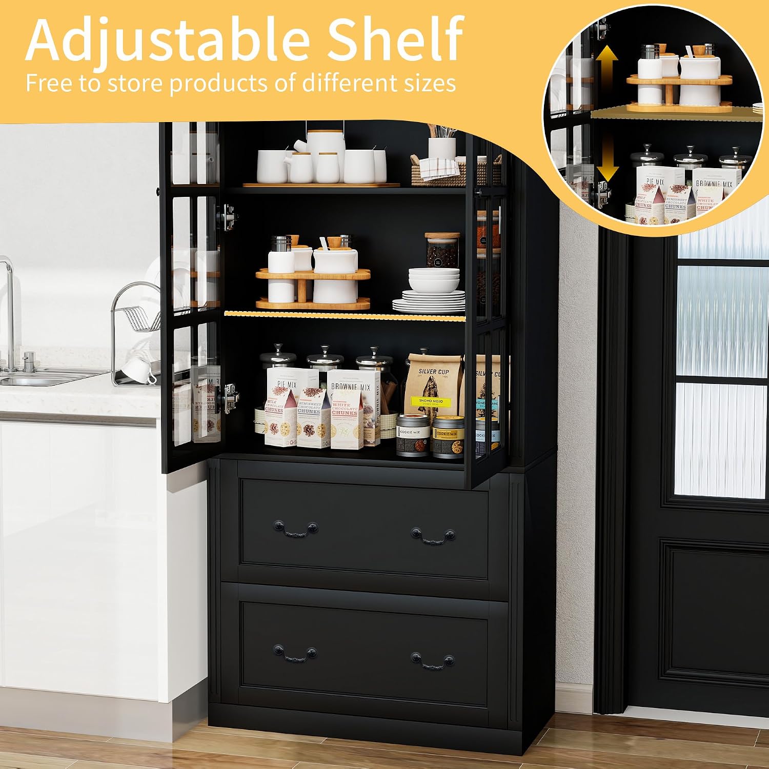 78.8' Tall Bookcase Display Storage Cabinet Hutch with Glass Doors & Drawers - Curio Display Bookshelf Kitchen Pantry for Home, Kitchen, Living Room.
