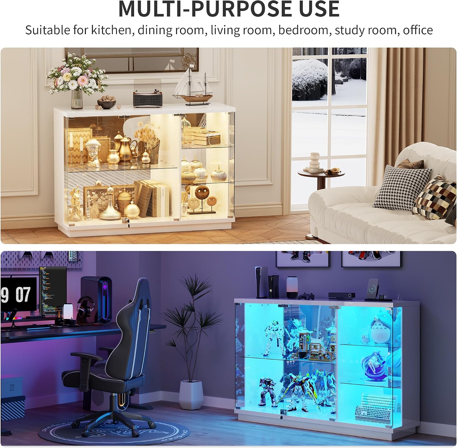 HNEBC Display Curio Cabinet - with Glass Door,47.2' W Lockable Glass Display Cabinet with LED Lights for Collectibles,5-Tier Lighted Display Case with Motion Sensor,Living Room,White