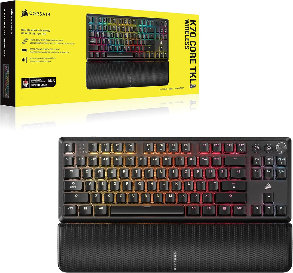 Corsair K70 CORE TKL Wireless RGB Tenkeyless Mechanical Gaming Keyboard – Pre-Lubed MLX Red v2 Linear Switches, SOCD, ABS Double-Shot Keycaps, Sound Dampening, 1000Hz Polling, QWERTY NA – Black