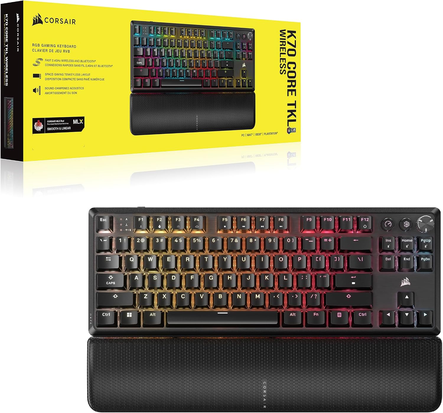Corsair K70 CORE TKL Wireless RGB Tenkeyless Mechanical Gaming Keyboard – Pre-Lubed MLX Red v2 Linear Switches, SOCD, ABS Double-Shot Keycaps, Sound Dampening, 1000Hz Polling, QWERTY NA – Black
