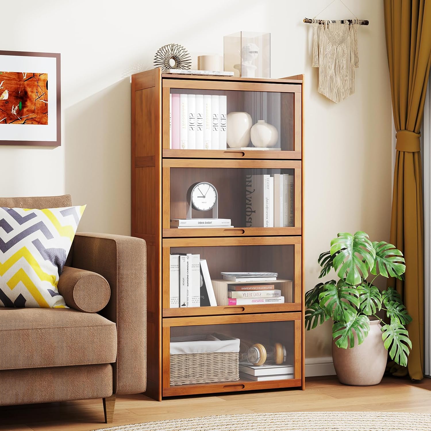 Giantex 4-Tier Bookcase with Clear Doors, 55' Bamboo Bookshelf with Flip-up Acrylic Doors, Freestanding Cube Storage Organizer with Shelves, Solid Wooden Display Cabinet for Living Room, Study, Brown